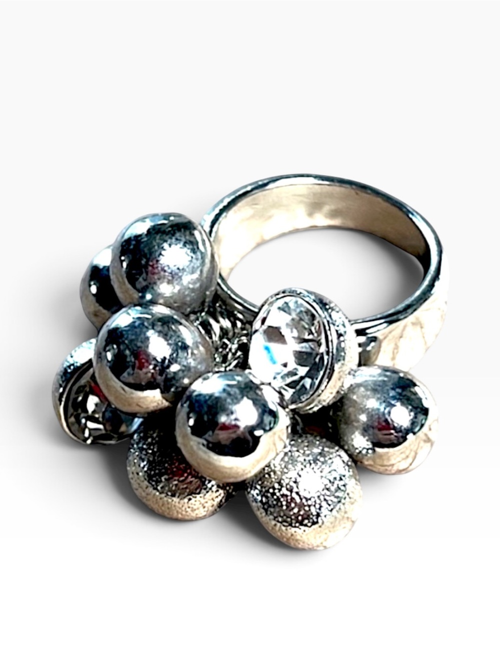 Rhinestones & Balls Silver tone Adjustable Cocktail Ring